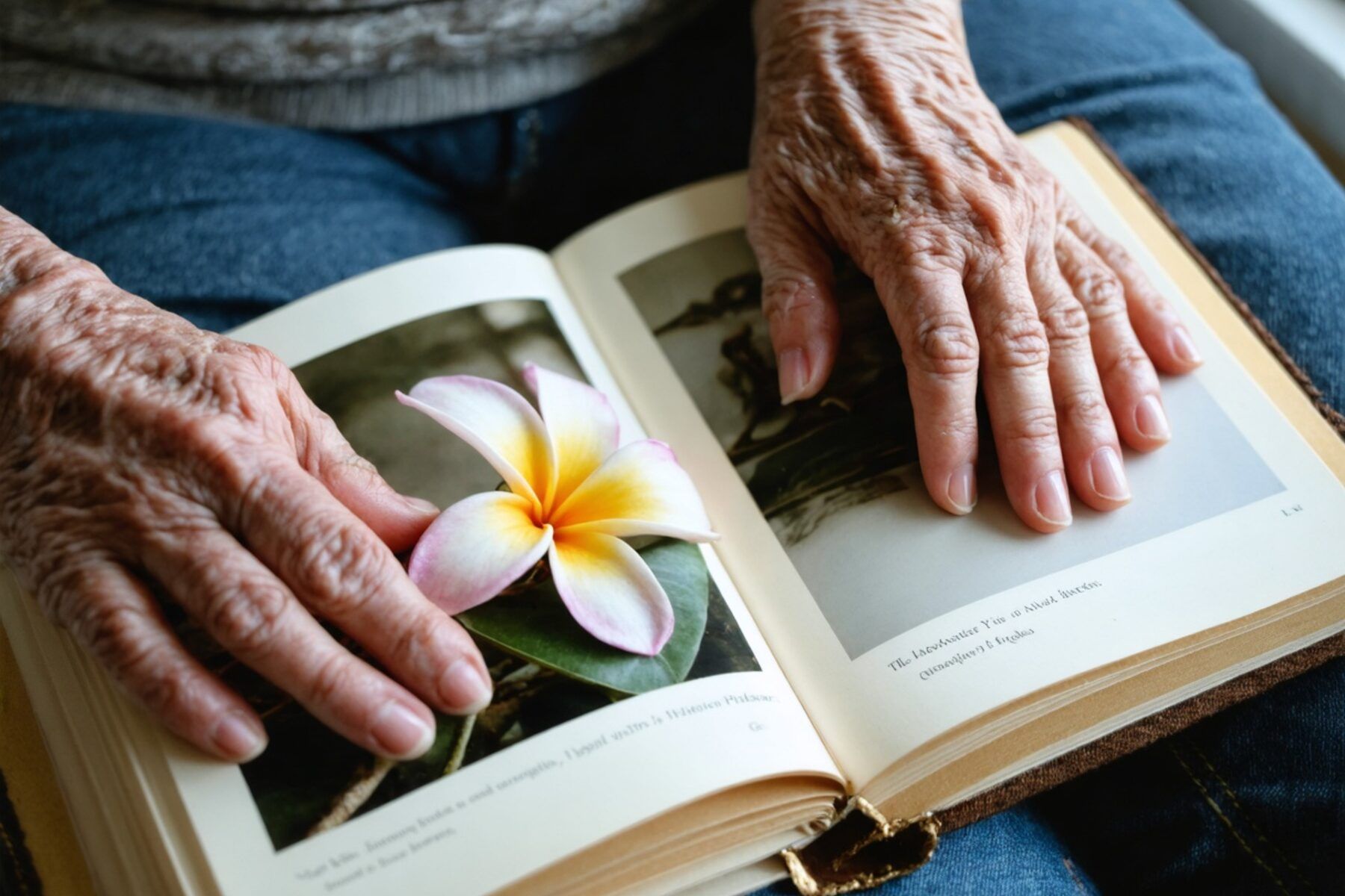 Two pairs of hands resting on an open photograph album beside a cup of tea