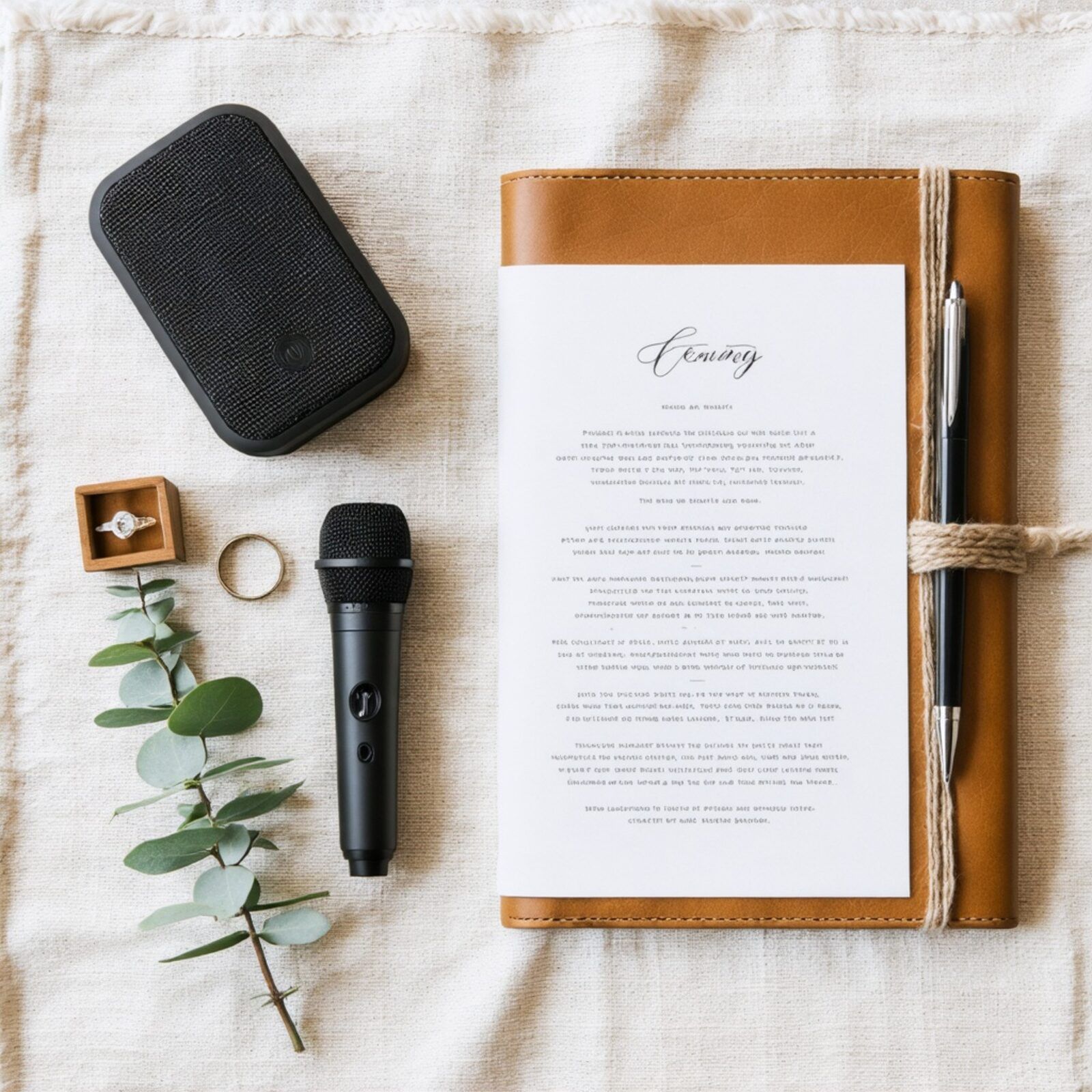 A celebrant's kit from above on a timber table: leather folder, printed script, pen, wireless microphone and a small PA