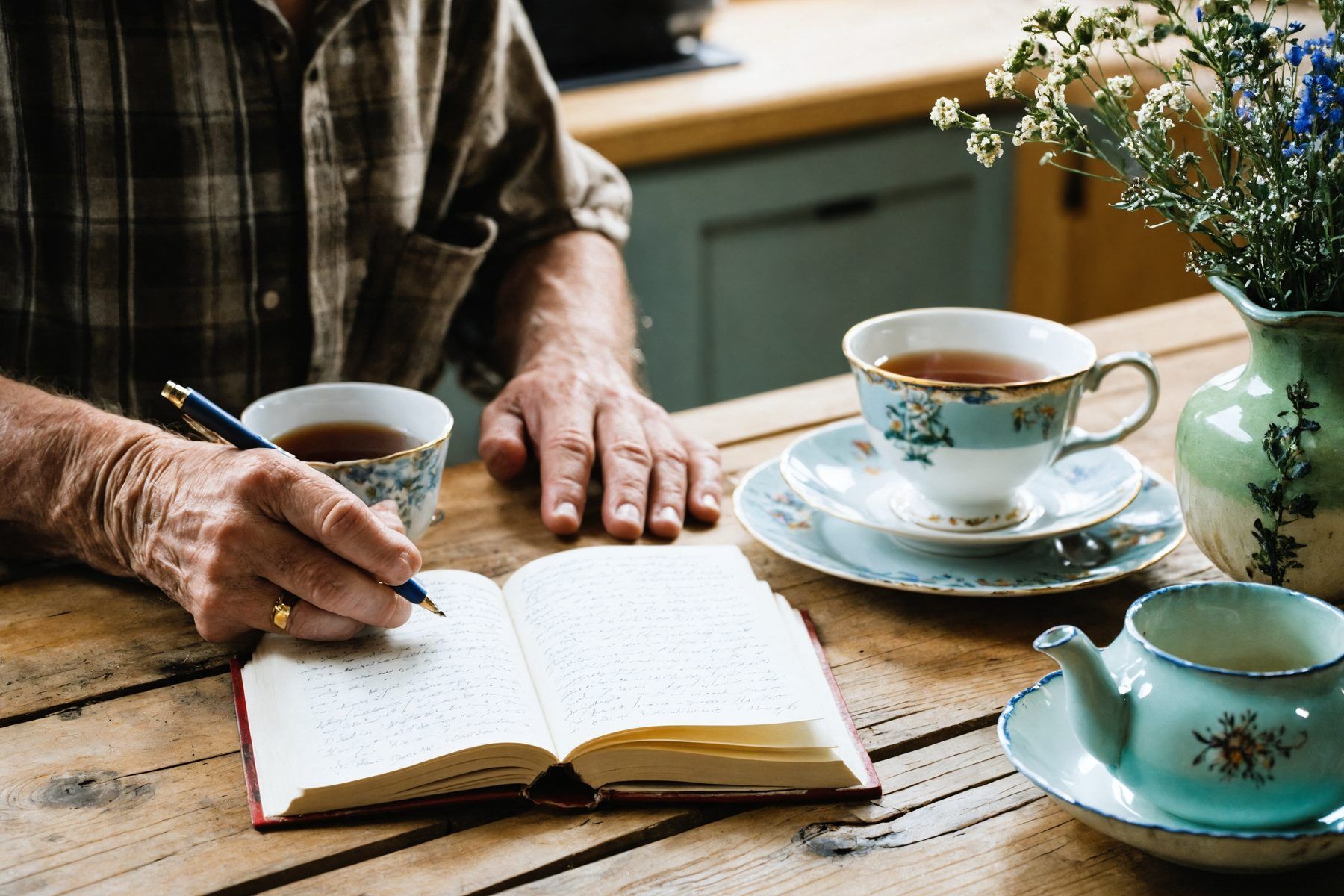 An older person's hands writing in a notebook at a kitchen table, a cup of tea beside them and a second cup and teapot poured and waiting across the table