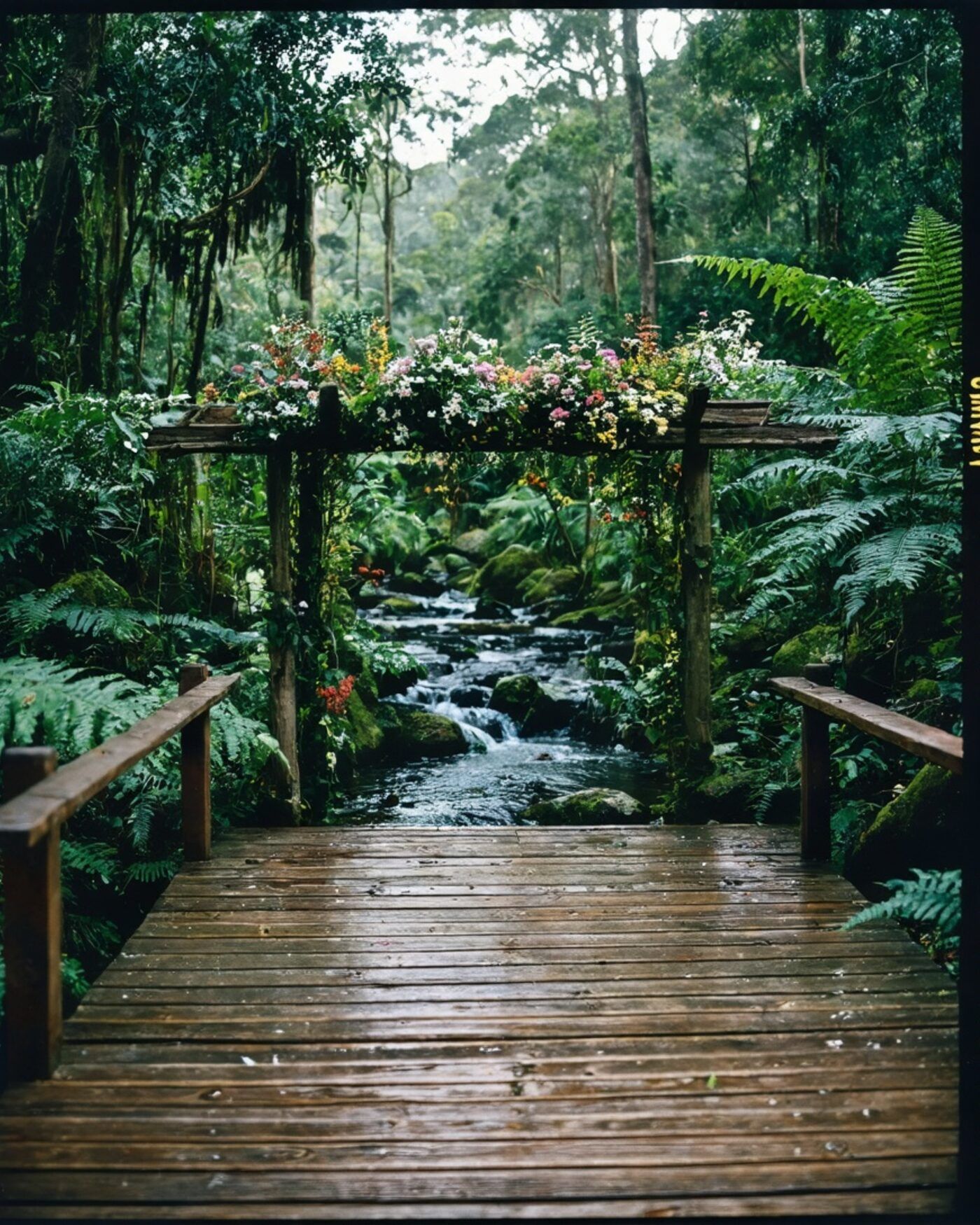 A small ceremony arch in a rainforest clearing, ferns around it and light filtering through the canopy