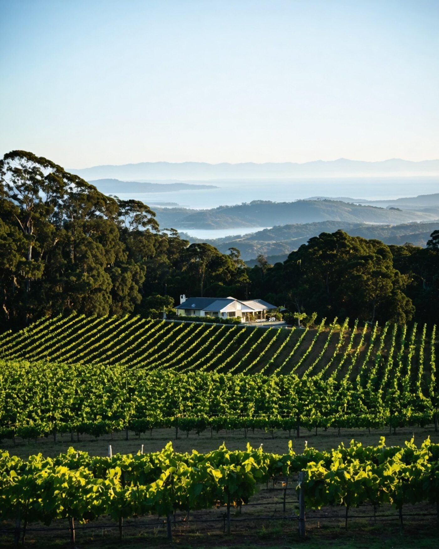 Rows of vines on a mountain plateau running down toward a timber homestead, with hinterland hills and the coast hazy in the distance